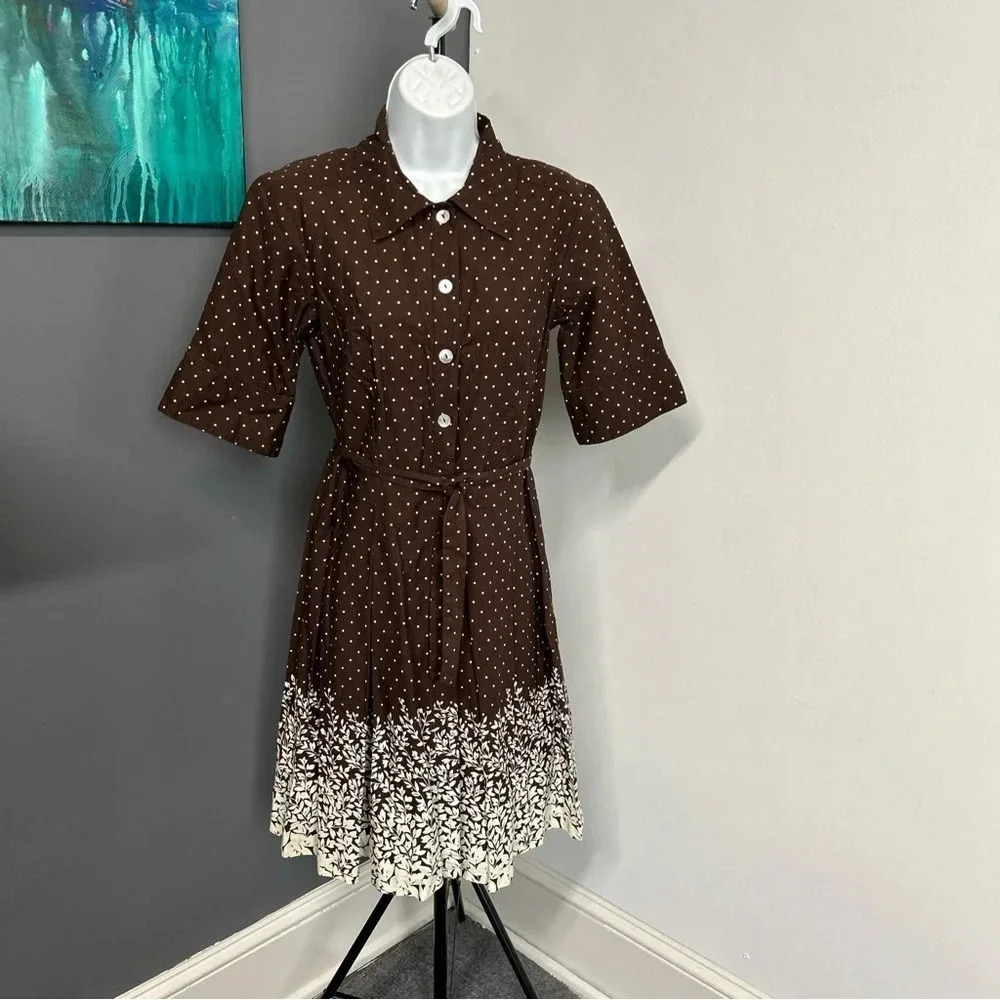 Women 8P Brown‎ Polka Dot Floral Dress Pleated Tie Sash Classic Dainty Pin Up